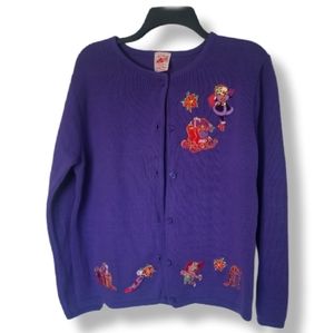 RED HAT SOCIETY Purple Embroidered Christmas Holiday Cardigan